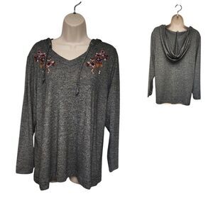 Christopher & Banks Embroidered Long Sleeve Hooded Sweater Blouse Gray Size PXL